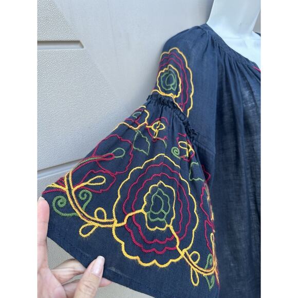 Eleven By March 11 Navy 100% Linen Embroidered Floral Tassel Mini Dress Size M - Picture 5 of 12